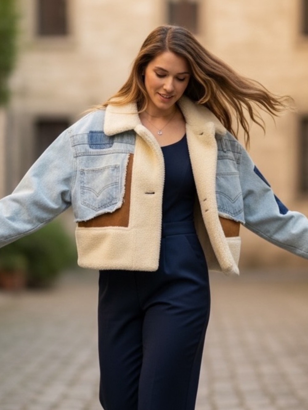 Azalea Wang Denim Sherpa Women’s Jacket Oversized Patchwork S Glamour Modern
